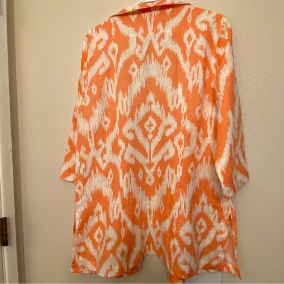Chicos coral IKAT Print 100% Linen cardigan jacket Sunrise Orange EUC 2 L 12 - Picture 2 of 10